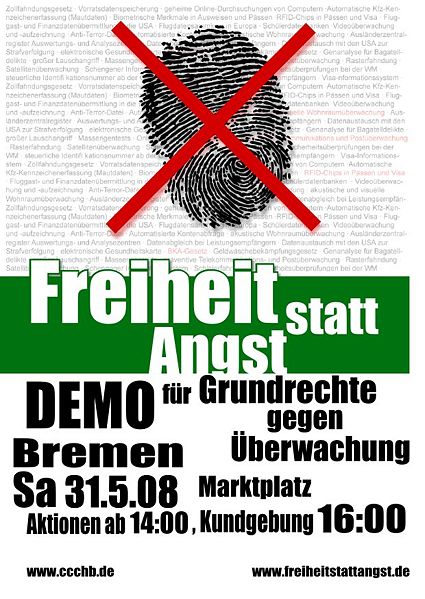 Freiheit statt Angst - Demo für Grundrechte, gegen Überwachung: Bremen, Sa. 31.5.08, Aktionen ab 14:00, Kundgebung 16:00